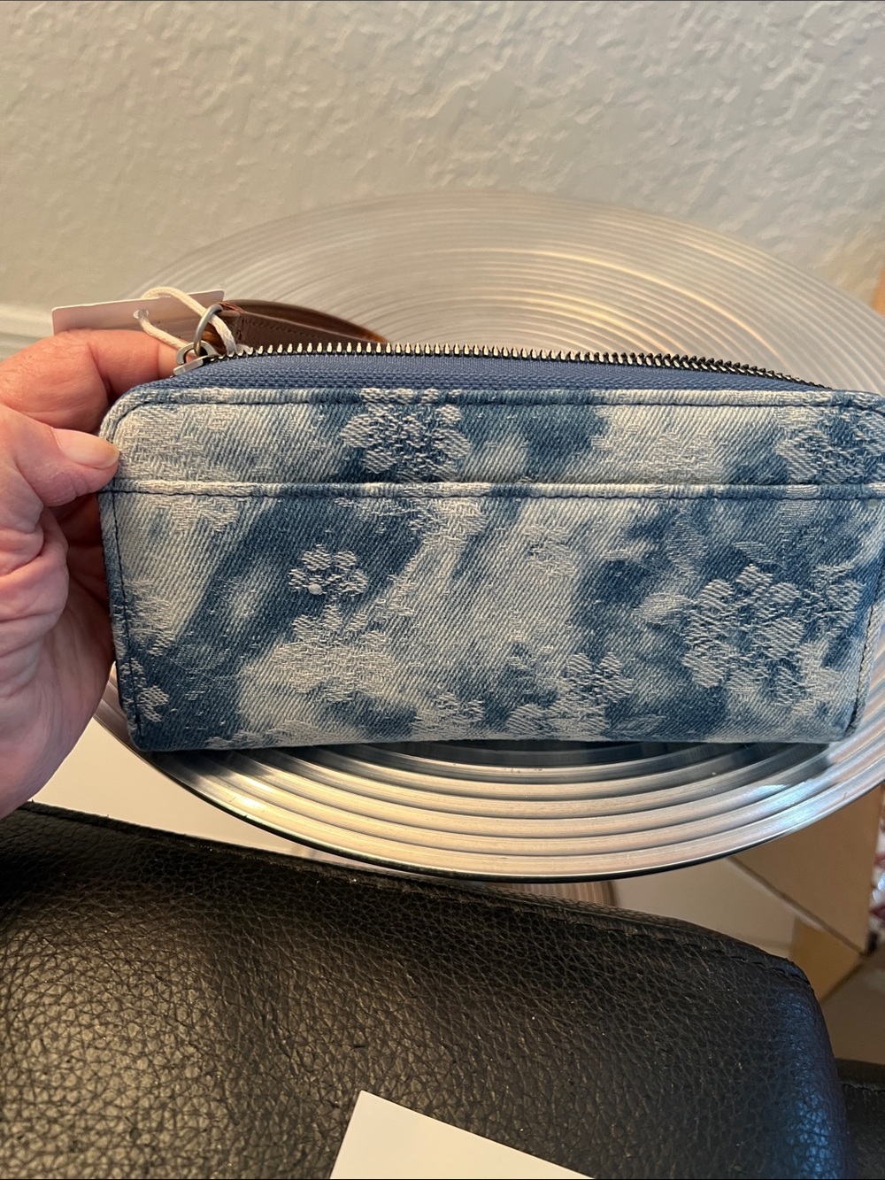 Lucky Brand Blue Denim Floral Wristlet with Brown Strap - Picture 7 of 10